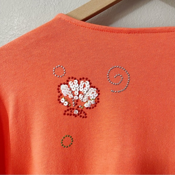 Quacker Factory Coral Orange Rhinestone Sequin Under the Sea 3/4 Sleeve Top 1X - Picture 7 of 10